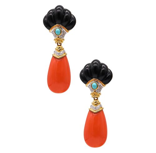 Italian Convertible Coral Drop Earrings In 18K Gold With 57.44 Ctw In Diamonds & Onyx