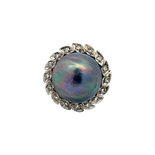 Platinum Ring with Diamonds and Tahitian Pearl