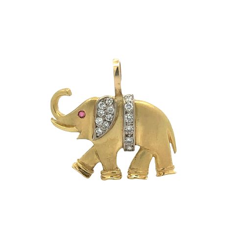 18k yellow Gold Elephant Pendant with Diamonds & Ruby