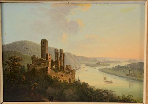 Attributed to Alexander Nasmyth (1758-1840)  oil on board  Castle on River Valley  7 1/4" x 10 1/4"