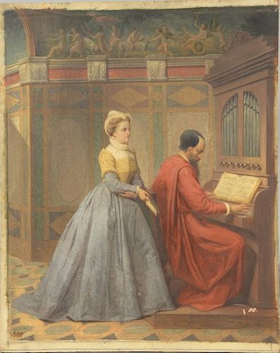 G. Fisher  19th Century oil on panel  Interior Scene of Man and Woman with Organ  signed lower right: G. Fischer 1869  15 1/.