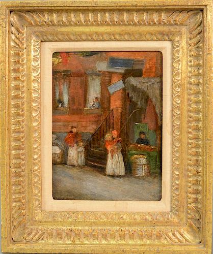 Jerome Myers (1867-1940) 
oil on panel 
"Study in Norfolk Street, New York" 
signed lower left: Jerome Myers 
Aca Galleries l