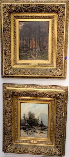 Franz Van Severdonck (1809-1889) and G. Schneider pair of oil on panel paintings  Fall and Winter Farm Landscapes  signed and