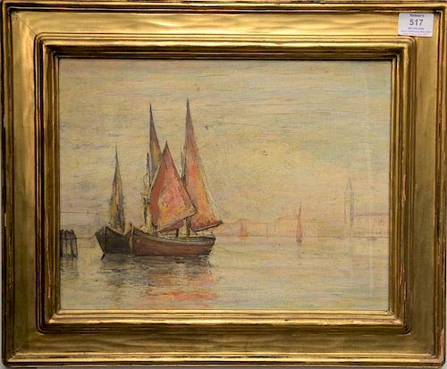 19th Century Venetian
oil on panel 
Scene with Sun Shadowed City and Sailing Vessels 
unsigned 
11 1/2" x 15"