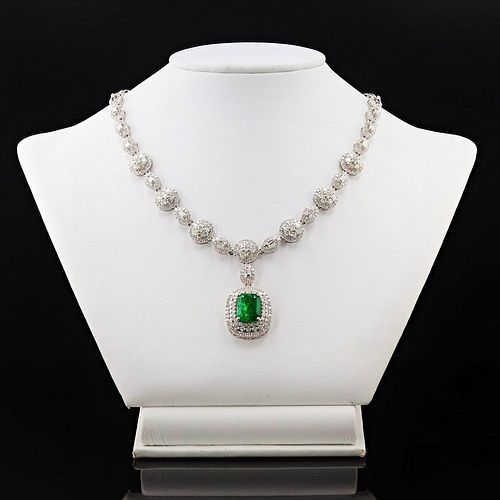 14K White Gold Pendant with Emerald and Diamond