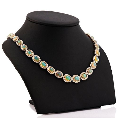 14K Yellow Gold Necklace with Opal and Diamond