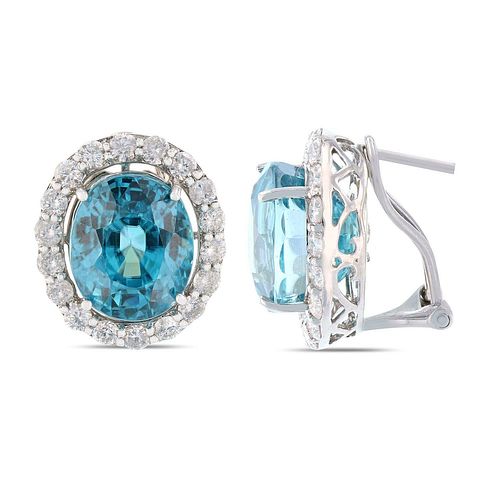 Pair 14K White Gold Earrings with Zircon and Diamond