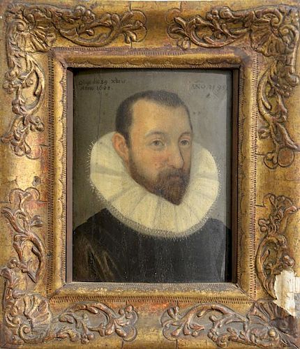 16th Century Portrait  oil on panel  Bearded Man with Lace Ruff  marked top left: Obye die 29 xbris Anno 1608  marked top ri.