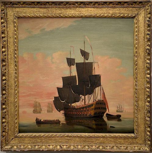 Attributed to Peter Monamy (1681-1749) 
oil on canvas 
British Ship in Calm Sea 
unsigned 
Sotheby's label on reverse 
1670/8