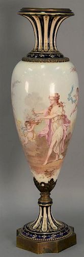 19th century monumental French Sevres style bronze and porcelain urn vase with painted elegant woman and cherubs having heavy
