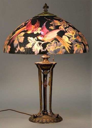 Handel Peter Broggi Birds of Paradise table lamp, reverse painted with brightly colored exotic birds among bright colored blo