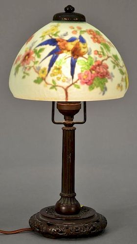 Handel Birds of Paradise boudoir lamp having reverse painted shade of colorful birds perched on blossoming flowering tree bra