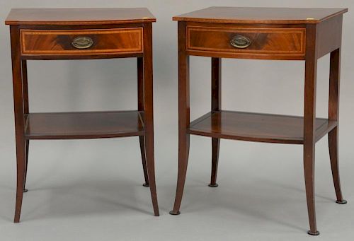 Pair of Margolis bedside tables, mahogany inlaid with drawer and shelf. 
ht. 28in., top: 16" x 20"