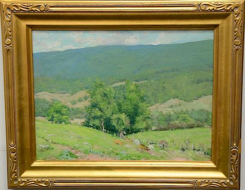 Helen Savier Dumond (1872-1968) 
oil on artist board 
Spring Country Landscape 
unsigned 
Estate stamp on reverse 
12" x 16"
