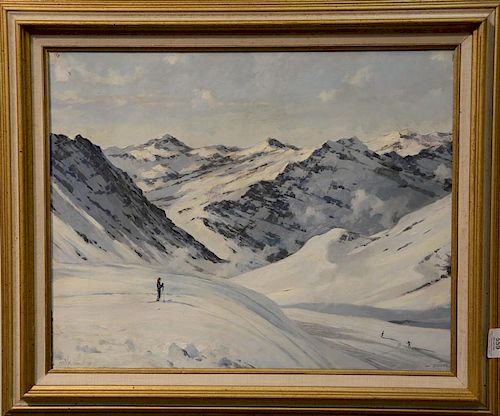 Eric Sloane (1905-1985) 
oil on board 
"Near Davos" 
Skiing in the snowy mountains 
signed lower left: Sloane 
16" x 21"