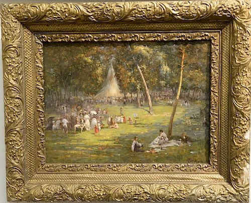 Francis Luis Mora (1874-1940)  oil on canvas mounted on board  Event at the Fountain  possibly Central Park, N.Y.  signed lo.