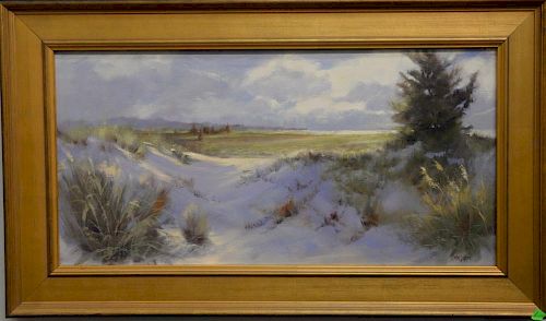 James Mayner 
oil on canvas 
Last Light 
signed lower right: J. Magner 
Mystic Seaport Gallery receipt dated 2005 
15" x 30"