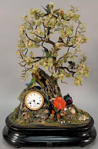 Seven Bird Automaton clock, naturalistic modeled in wood and silk tree with five birds perched in the branches and two birds