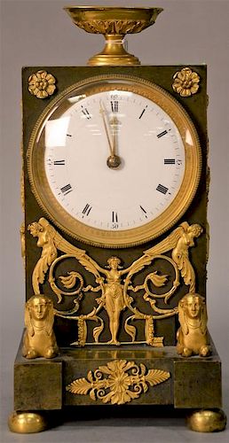 Bronze mantle clock with porcelain enameled dial having Bulle-Clock French Electromechanical Works marked Brevele F