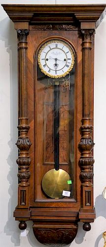 Karl Kreutz In Wien Vienna regulator wall clock, 19th century, walnut with pendulum and three weights.  ht. 48in., wd. 20in.