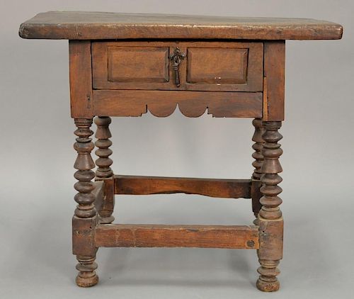 Continental walnut center table with slab top and drawer on turned legs, probably 17th century. ht. 27 1/2in., top: 18" x 30"