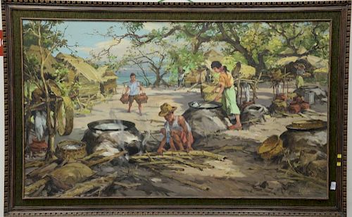 Gabriel Custodio (1912) 
oil on canvas 
Home on Ocean's Edge 
signed lower right: G. Custodio 10/70 
34" x 60"