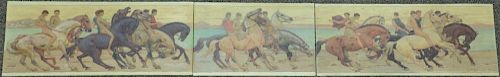 Robert Van Vorst Sewell (1860-1924)   oil on canvas  Triptych oil on canvas  Men on Horses  signed lower right RVV Sewell 190