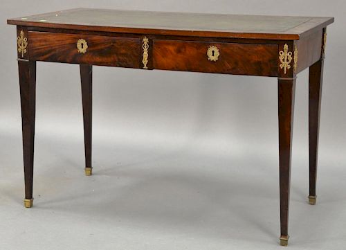 Empire Directoire mahogany desk with green tooled leather top with two drawers on square tapered legs with bronze torchiere m