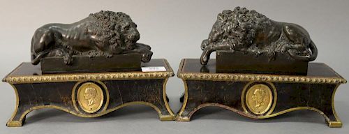 After Guiseppe Boschi (1760-1821)  two bronzes  Lion Laying on Rectangular Base  marked: G. Boschi  mounted on carved footed.