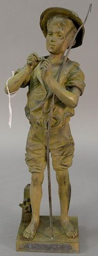 After Adolphe Jean Lavergne (1852-1901)  French bronze figure  "Pecheur Par Lavergne"  Fishing Boy with Rod Baiting his Hook 