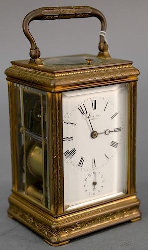 Henry Capt Geneva French brass and glass carriage clock with repeater dial and works marked: Henry Capt Geneva model #11215. 