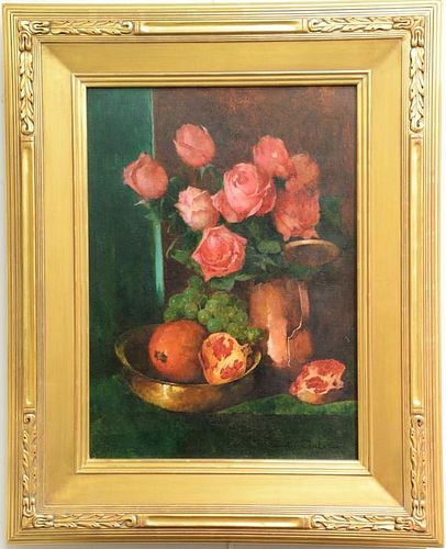 Emil Carlsen (1848-1932) oil on canvas Still Life of Grapes, Pomegranates, and Roses signed lower left: Emil Carlsen 1848-