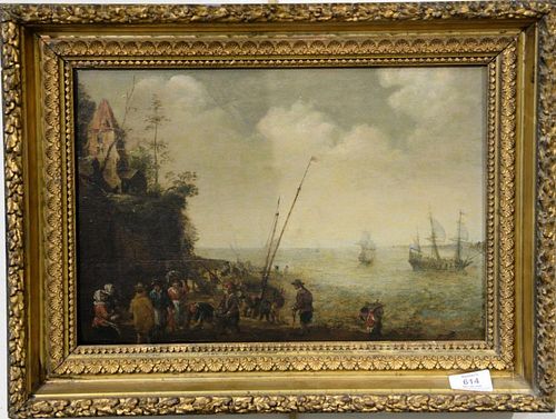 Oil on panel  Continental Water's Edge  People with Supplies  unsigned  probably Dutch 17th century  11" x 15 1/2"