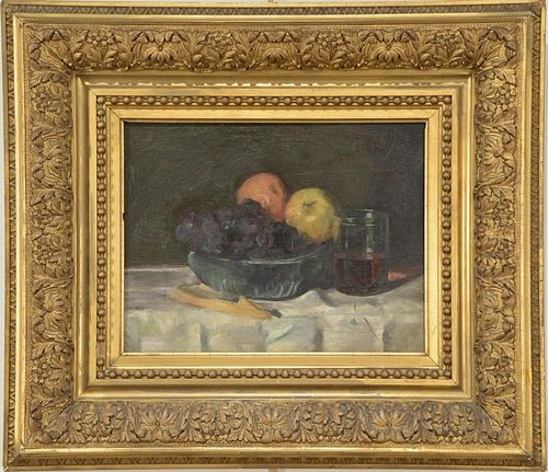 19th Century 
oil on panel 
Still Life of Fruit 
unsigned 
in Victorian gilt frame 
10" x 13"