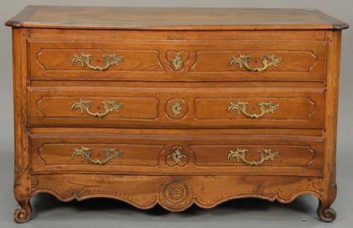 Louis XV fruitwood commode with three drawers, 18th century. 
(restored) 
ht. 31in., wd. 53in., dp. 24in.