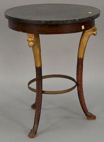 Continental round marble top table, grey marble resting on gilt bird heads on three down swept members ending in claw feet.  