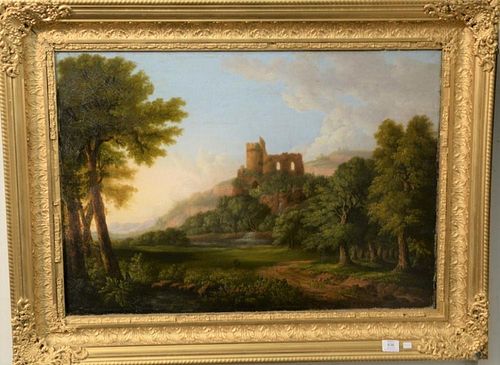 Large oil on canvas 
European Mountainous Landscape 
with castle on hillside 
unsigned 
(relined) 
24" x 34"