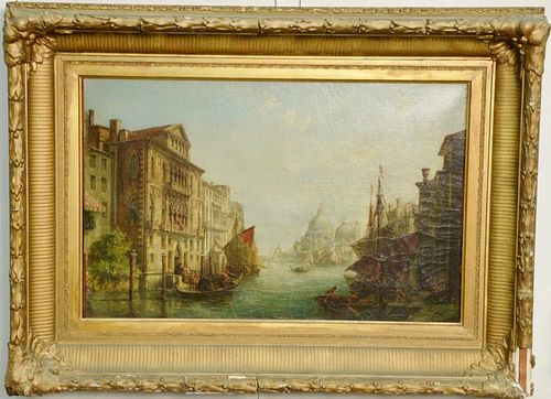 19th Century Venetian Canal Scene  oil on canvas  Gondolas Before Customs House, Venice  signed lower right illegibly  Chas..