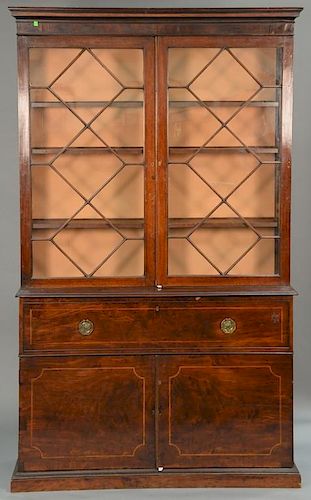 George III mahogany three part bookcase cabinet having two glazed doors over drawer over two doors on plain base, 19th centur