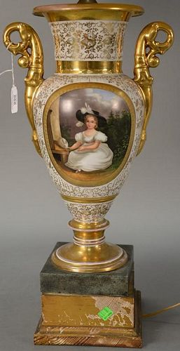 French Porcelain hand painted urn having landscape panel on one side and bust of a girl on the opposite, made into a table la