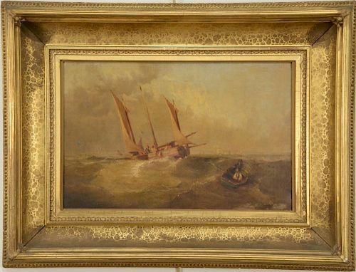 John Wilson Carmichael (1800-1868) 
oil on canvas 
"Dutch Fishing Boats" 
signed lower right: J.W. Carmichael 
Label on rever