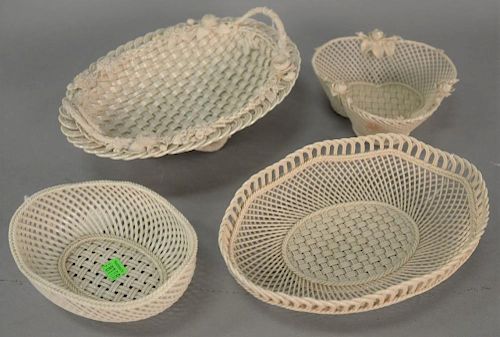 Four Belleek baskets, three Belleek strand baskets along with a bowl having basket weave, applied flowers, and handles on twi