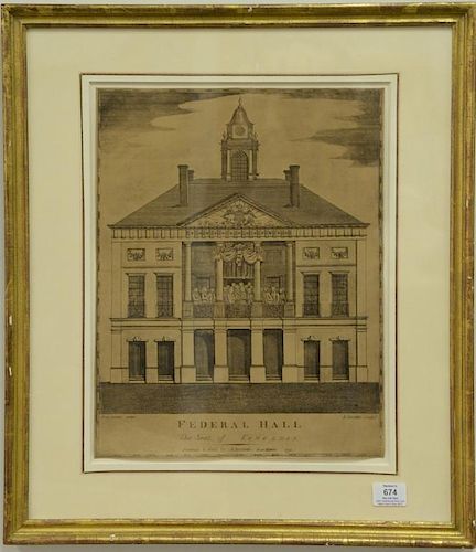 After Amos Doolittle (1754-1832)  engraving  "Federal Hall the Seat of Congress Printed and Sold"  Seat of George Washington 