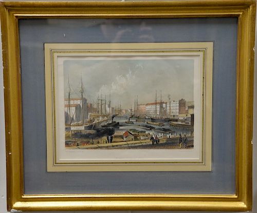 Set of six hand colored lithographs of Chicago  published by Jevne & Almini  (1) Rush Street Bridge (2) M.S. + N.I. + C + RI 
