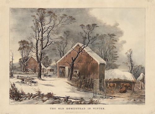 Old Homestead in Winter - Original Large Folio Currier & Ives Lithograph