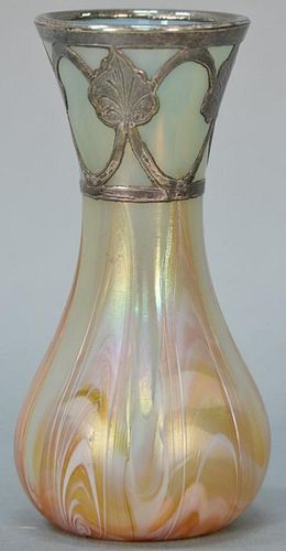 Loetz art glass vase having silver overlay top rim and neck stylized leaf design, pink swirl design. ht. 6in.