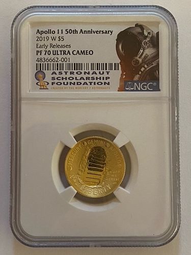 2019 APOLLO 11 1/4 OZ PROOF GOLD COIN PERFECT MS70 NGC