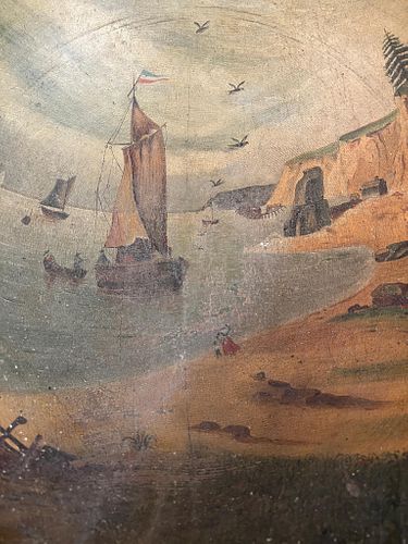 Large Paint Decorated Wooden Bowl w Seaside Scene