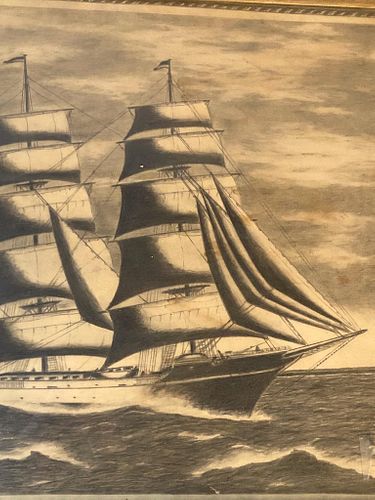 Charcoal Drawing of a Clipper Ship in Rope Frame
