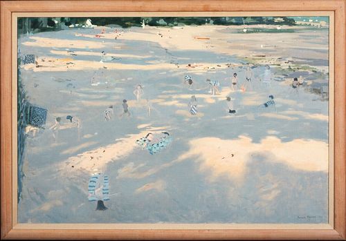 BEACH CHILDREN PLAYING LANDSCAPE OIL PAINTING